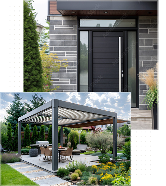 Moderne Haustür und Terrassenüberdachung